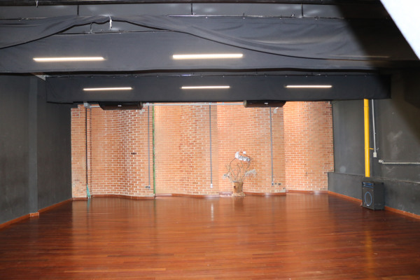Sala com varas que podem receber vestimentas de palco ou estrutura de iluminação.JPG